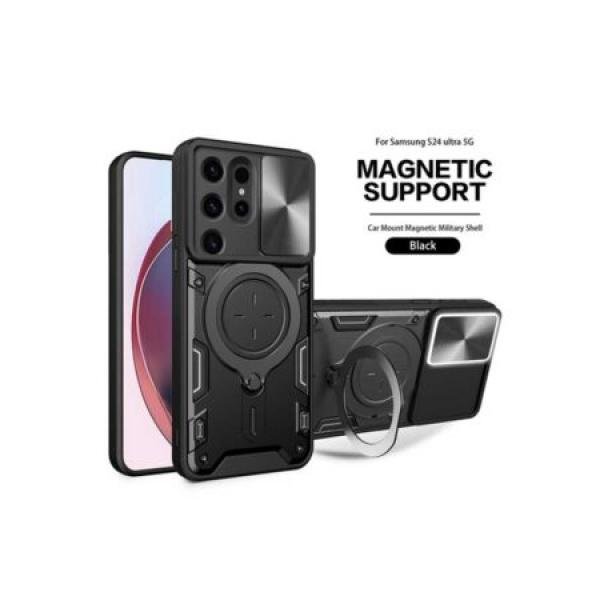 Galaxy S24 Ultra Twisting Magnetic Ring Stand Case w/ Camera cover Black (Retail Packaged)