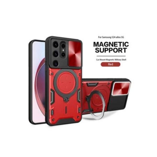 Galaxy S24 Ultra Twisting Magnetic Ring Stand Case w/ Camera cover Red (Retail Packaged)