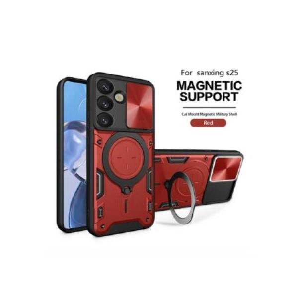 Galaxy S25 Twisting Magnetic Ring Stand Case w/ Camera cover Red (Premium Package)